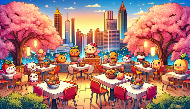 Colorful illustration of fandom-themed restaurants and anime cafes in Atlanta, GA