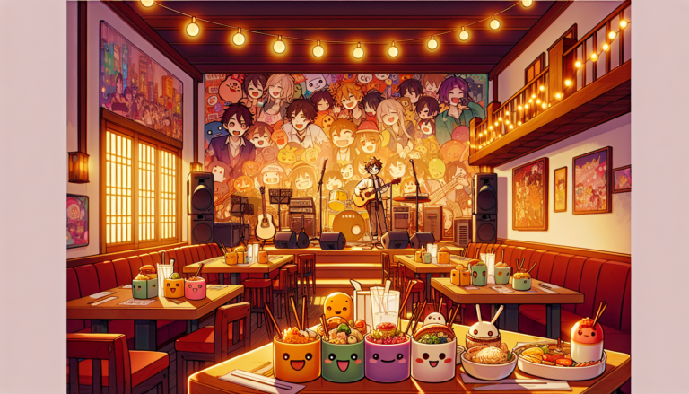 Colorful illustration of fandom-themed restaurants and anime cafes in Austin, TX