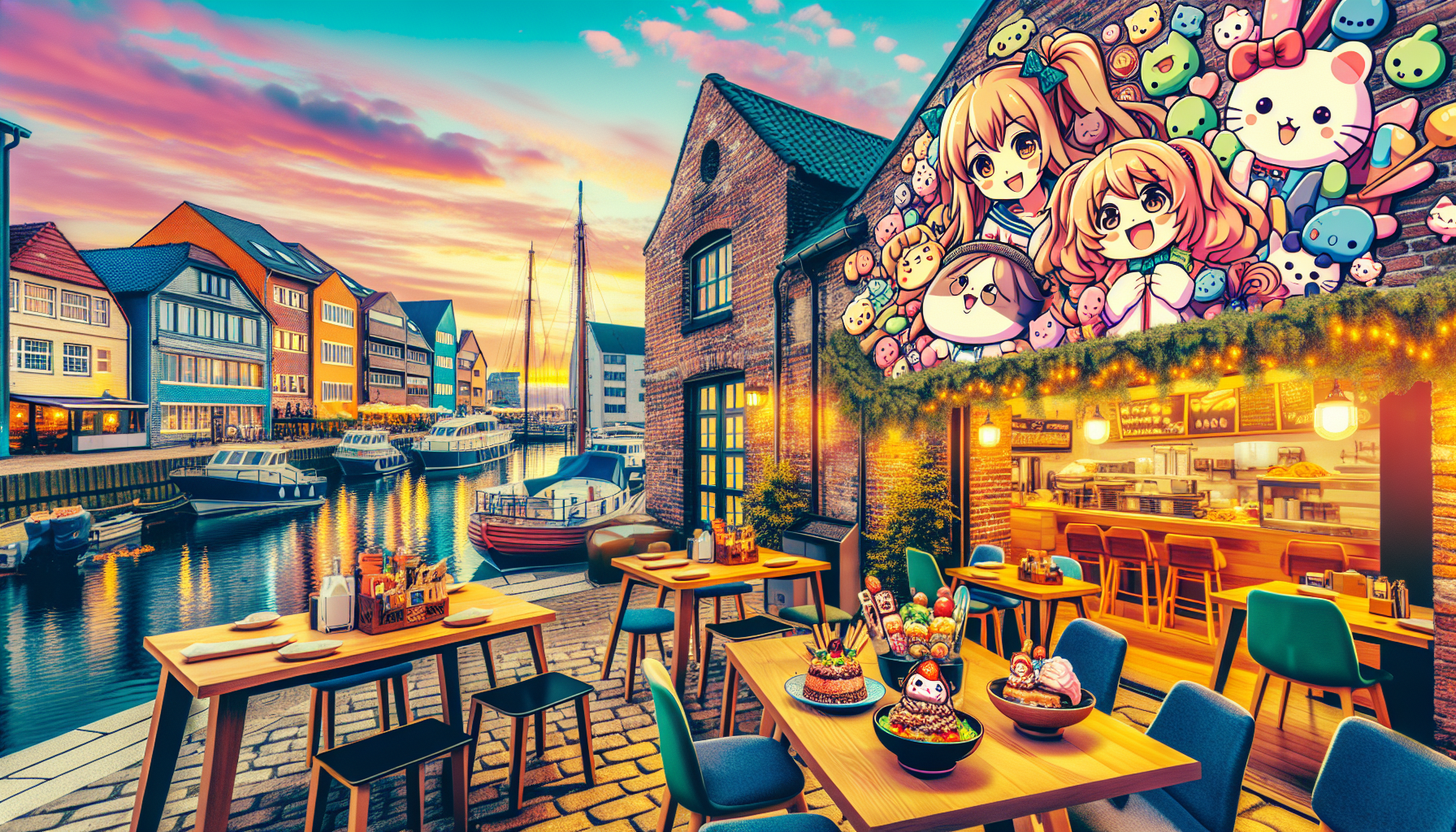 Colorful illustration of fandom-themed restaurants and anime cafes in Boston, MA