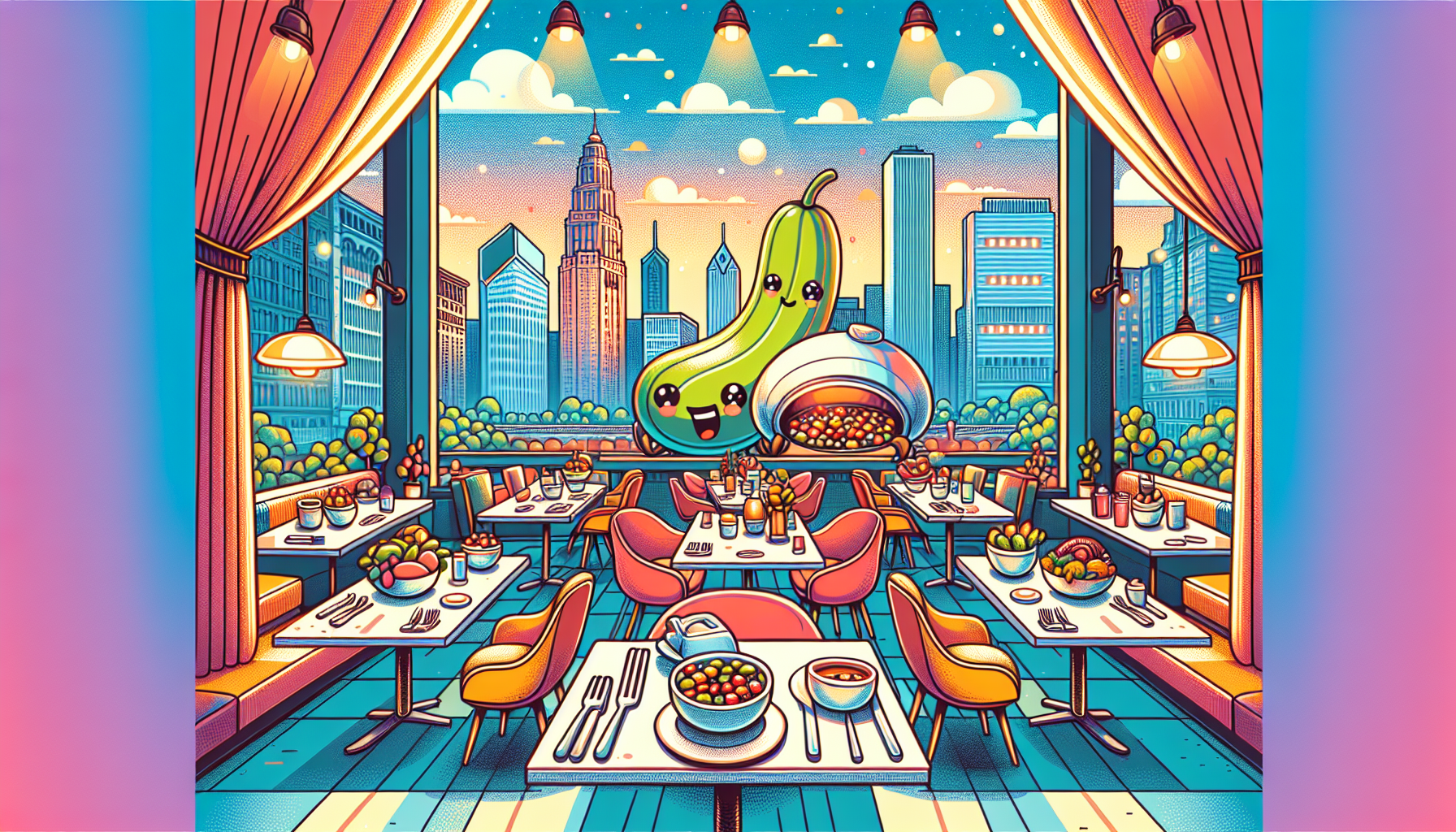 Colorful illustration of fandom-themed restaurants and anime cafes in Chicago, IL
