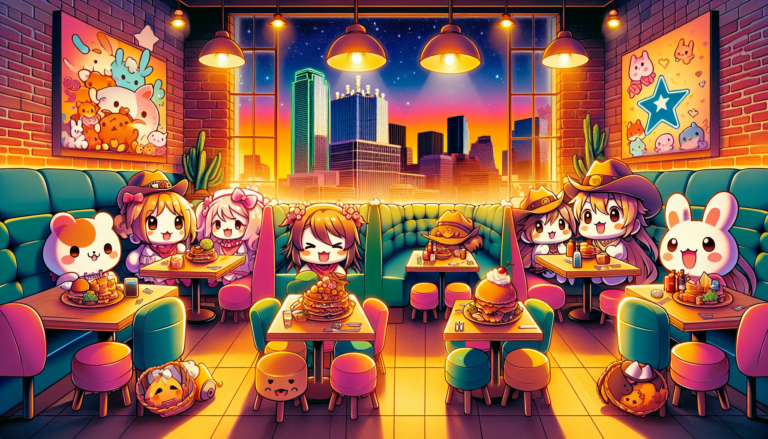 Colorful illustration of fandom-themed restaurants and anime cafes in Dallas, TX