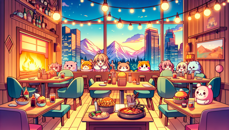 Colorful illustration of fandom-themed restaurants and anime cafes in Denver, CO