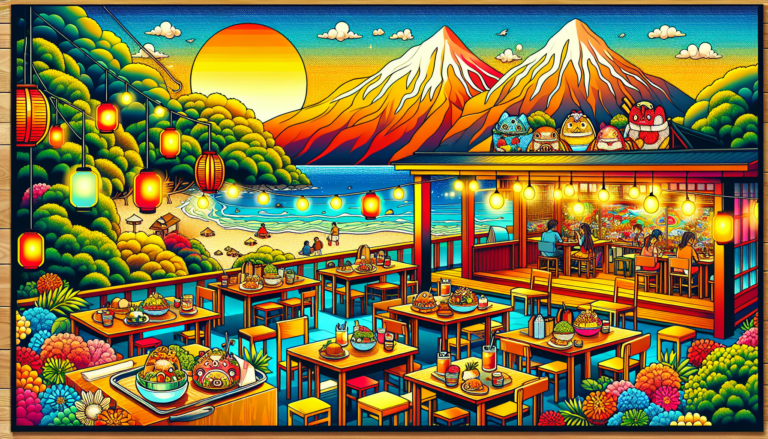 Colorful illustration of fandom-themed restaurants and anime cafes in Honolulu, HI