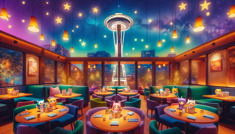 Colorful illustration of fandom-themed restaurants and anime cafes in Houston, TX