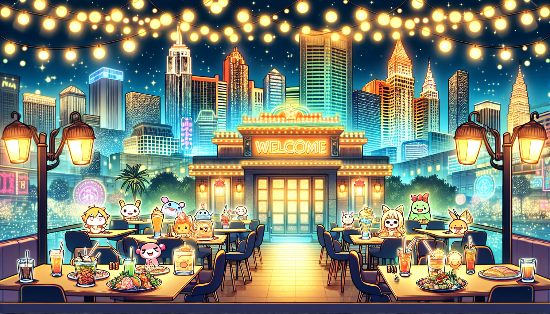 Colorful illustration of fandom-themed restaurants and anime cafes in Las Vegas, NV