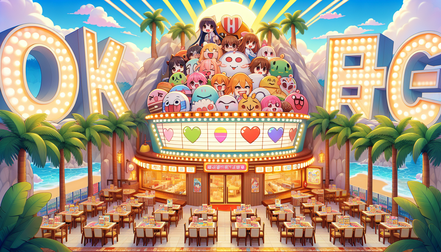 Colorful illustration of fandom-themed restaurants and anime cafes in Los Angeles, CA