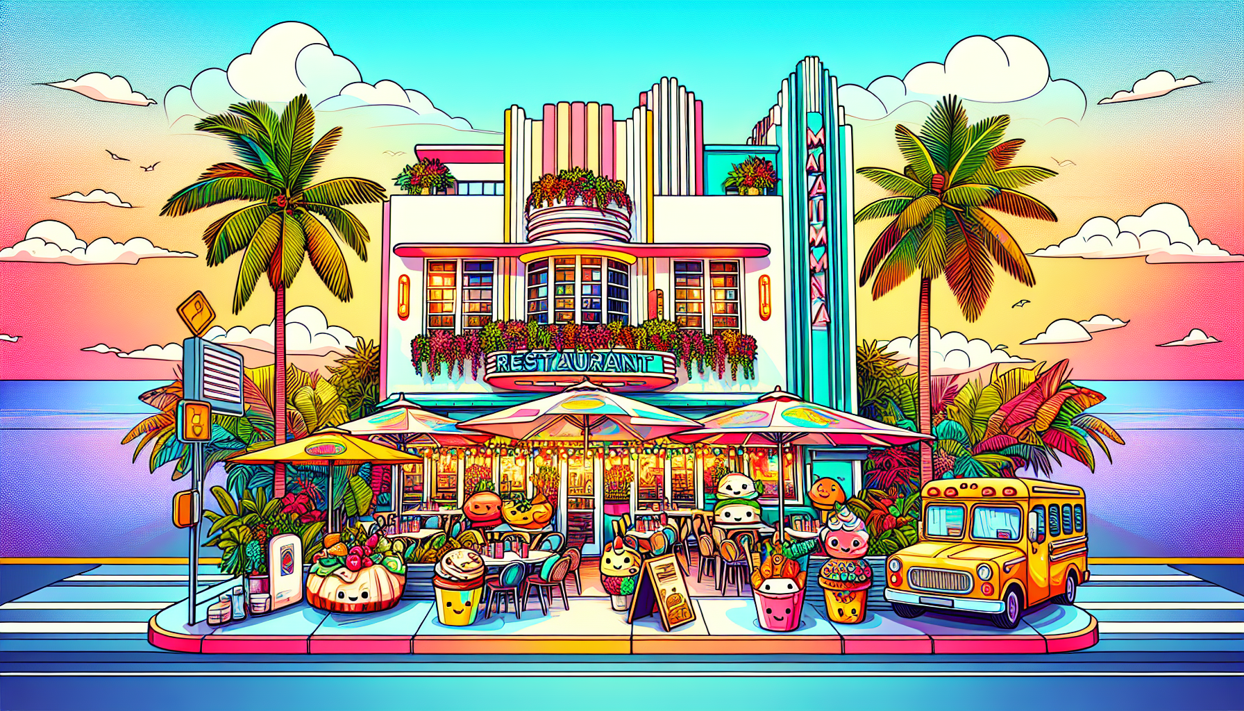 Colorful illustration of fandom-themed restaurants and anime cafes in Miami, FL
