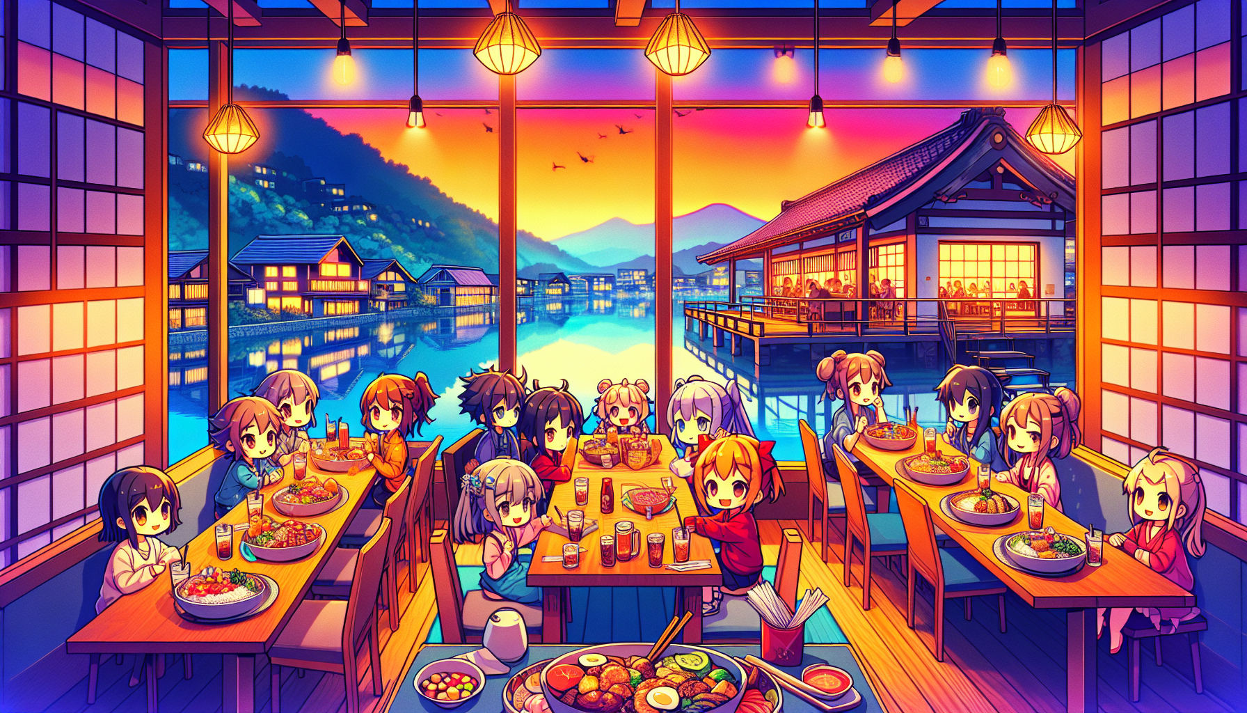 Colorful illustration of fandom-themed restaurants and anime cafes in Minneapolis, MN