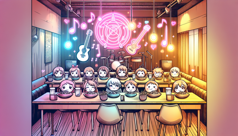 Colorful illustration of fandom-themed restaurants and anime cafes in Nashville, TN