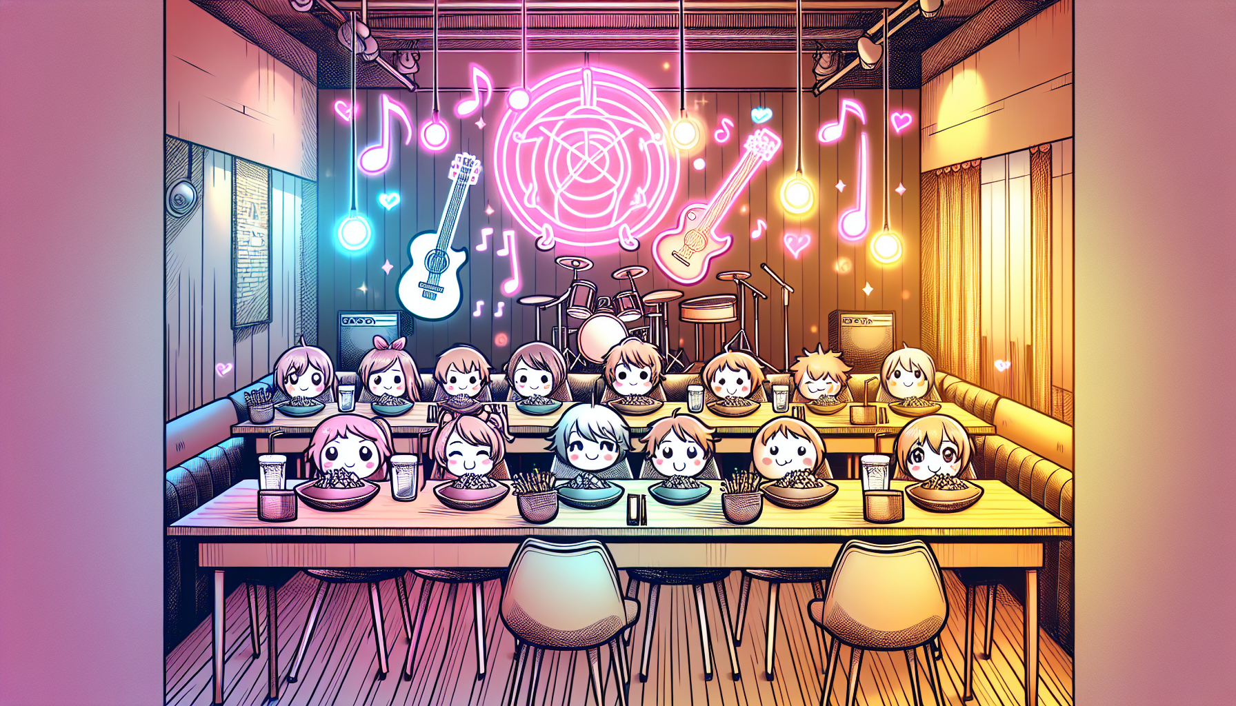 Colorful illustration of fandom-themed restaurants and anime cafes in Nashville, TN