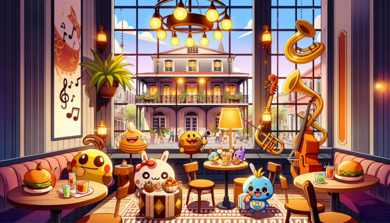 Colorful illustration of fandom-themed restaurants and anime cafes in New Orleans, LA