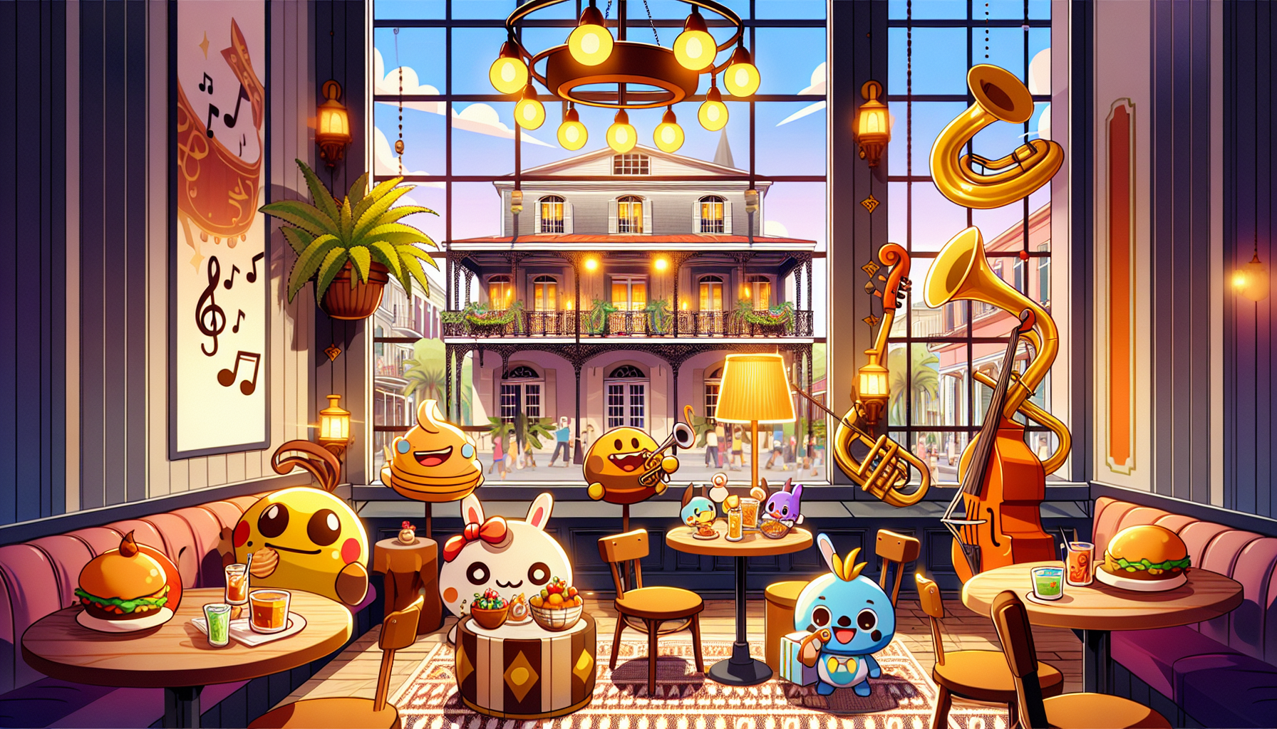 Colorful illustration of fandom-themed restaurants and anime cafes in New Orleans, LA
