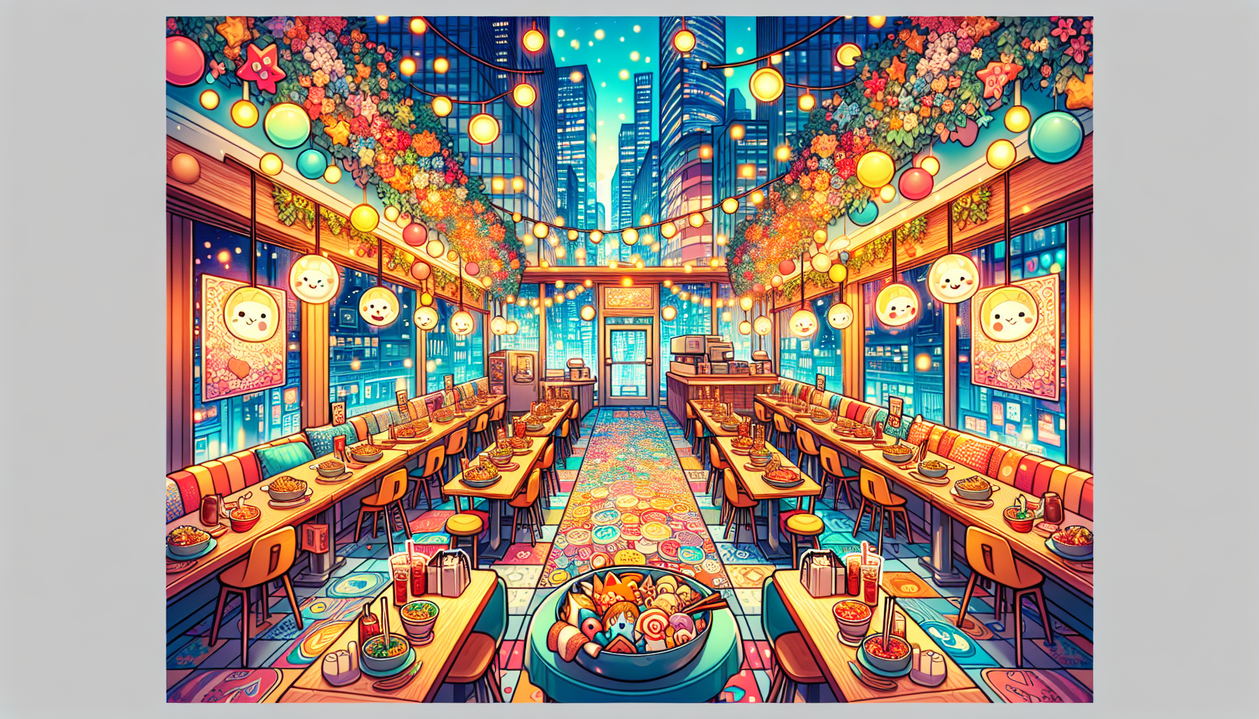 Colorful illustration of fandom-themed restaurants and anime cafes in New York City, NY