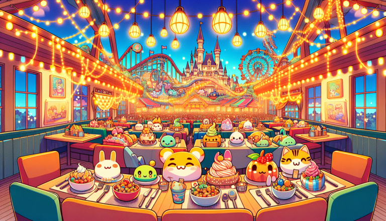 Colorful illustration of fandom-themed restaurants and anime cafes in Orlando, FL
