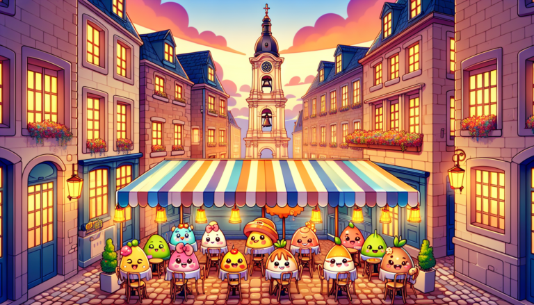 Colorful illustration of fandom-themed restaurants and anime cafes in Philadelphia, PA