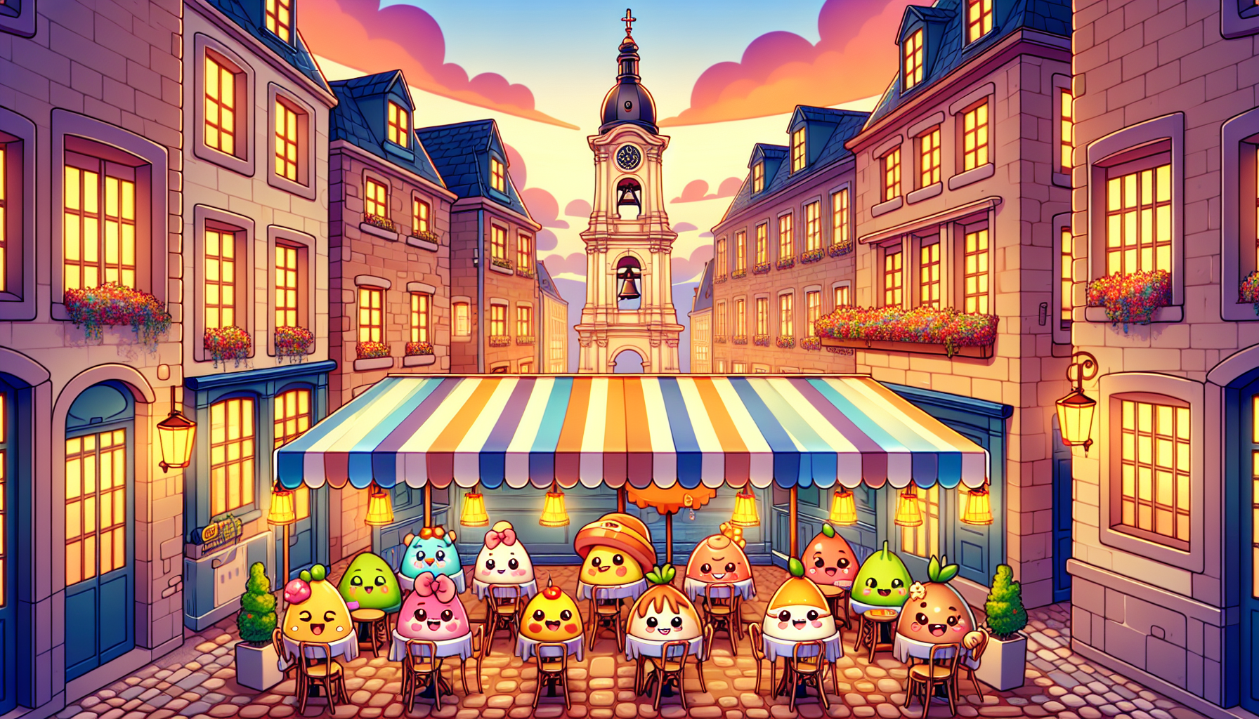 Colorful illustration of fandom-themed restaurants and anime cafes in Philadelphia, PA