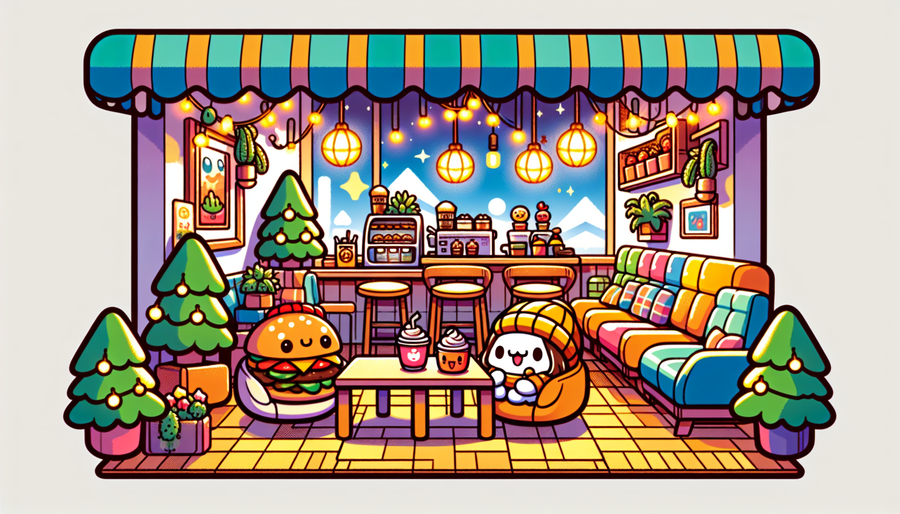 Colorful illustration of fandom-themed restaurants and anime cafes in Portland, OR