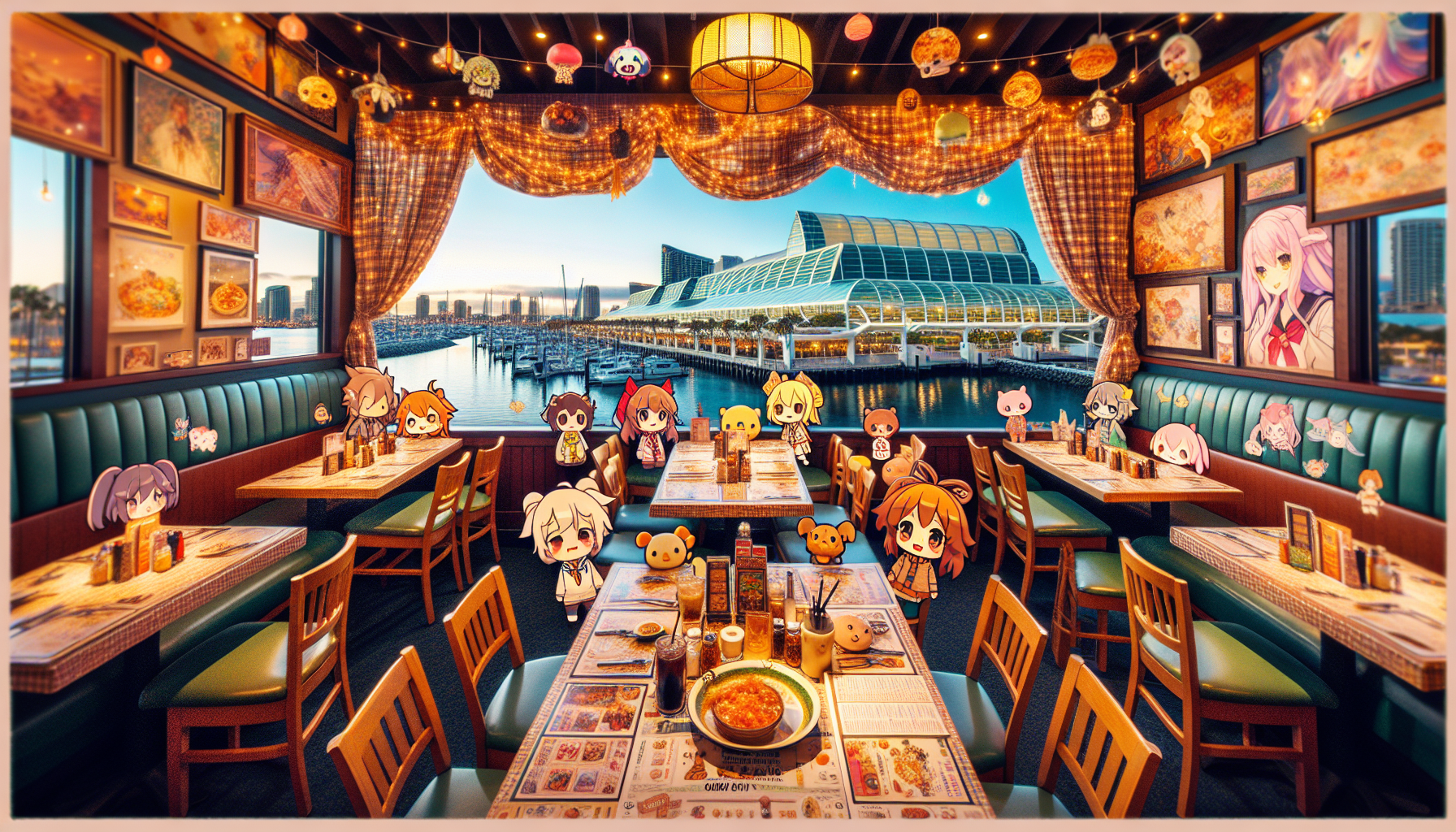 Colorful illustration of fandom-themed restaurants and anime cafes in San Diego, CA