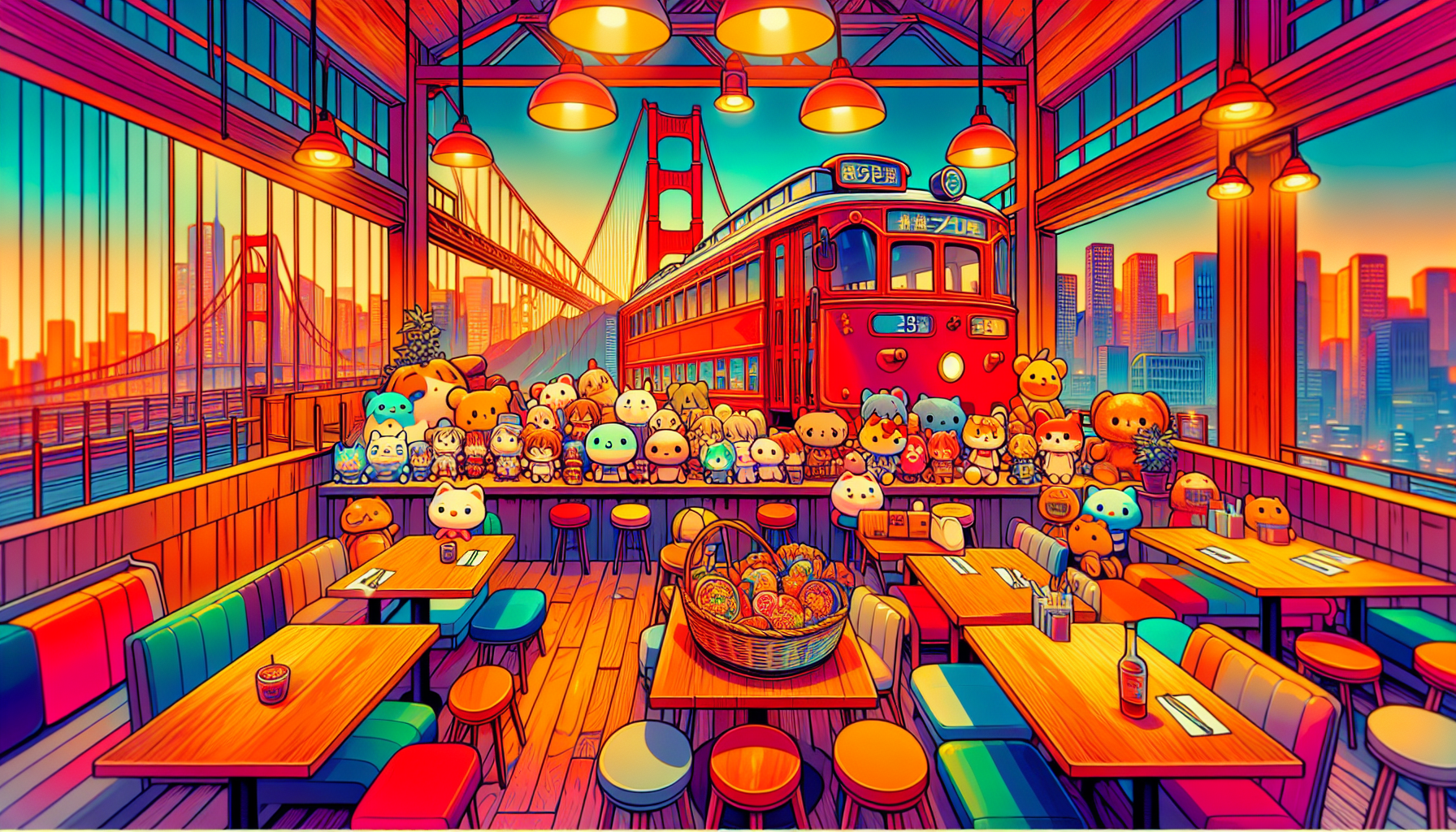 Colorful illustration of fandom-themed restaurants and anime cafes in San Francisco, CA