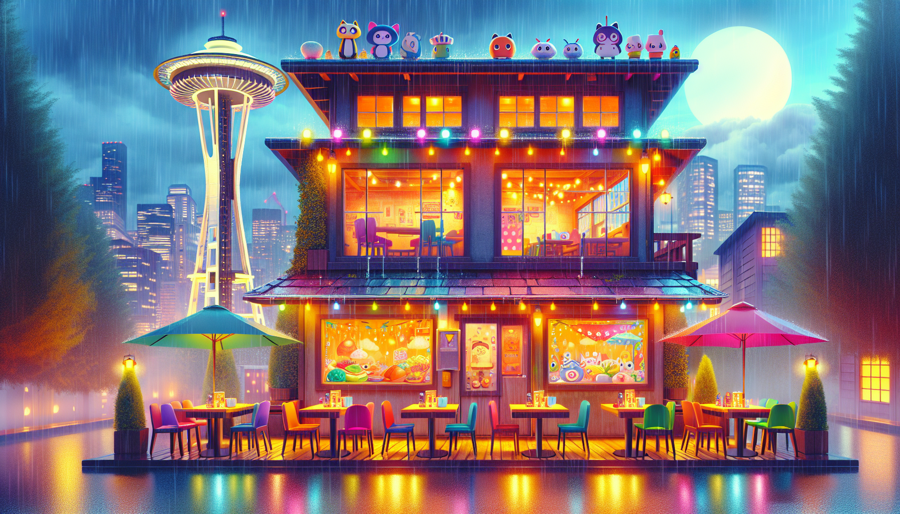 Colorful illustration of fandom-themed restaurants and anime cafes in Seattle, WA