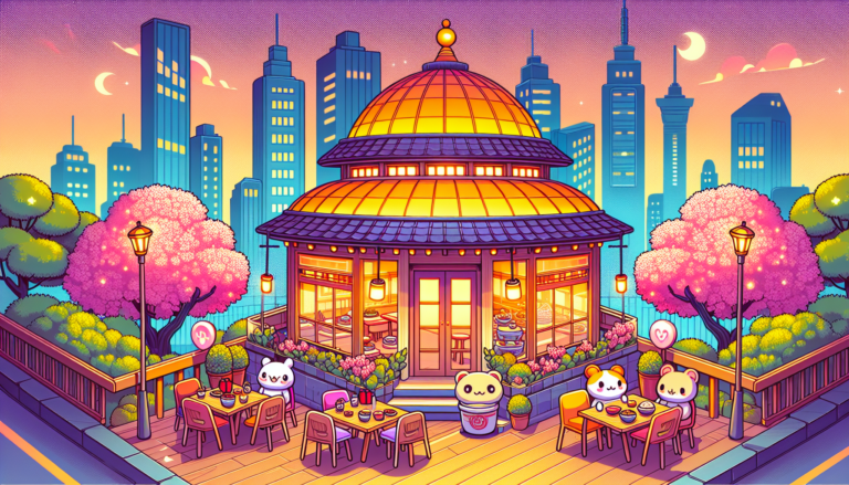Colorful illustration of fandom-themed restaurants and anime cafes in Washington DC, DC