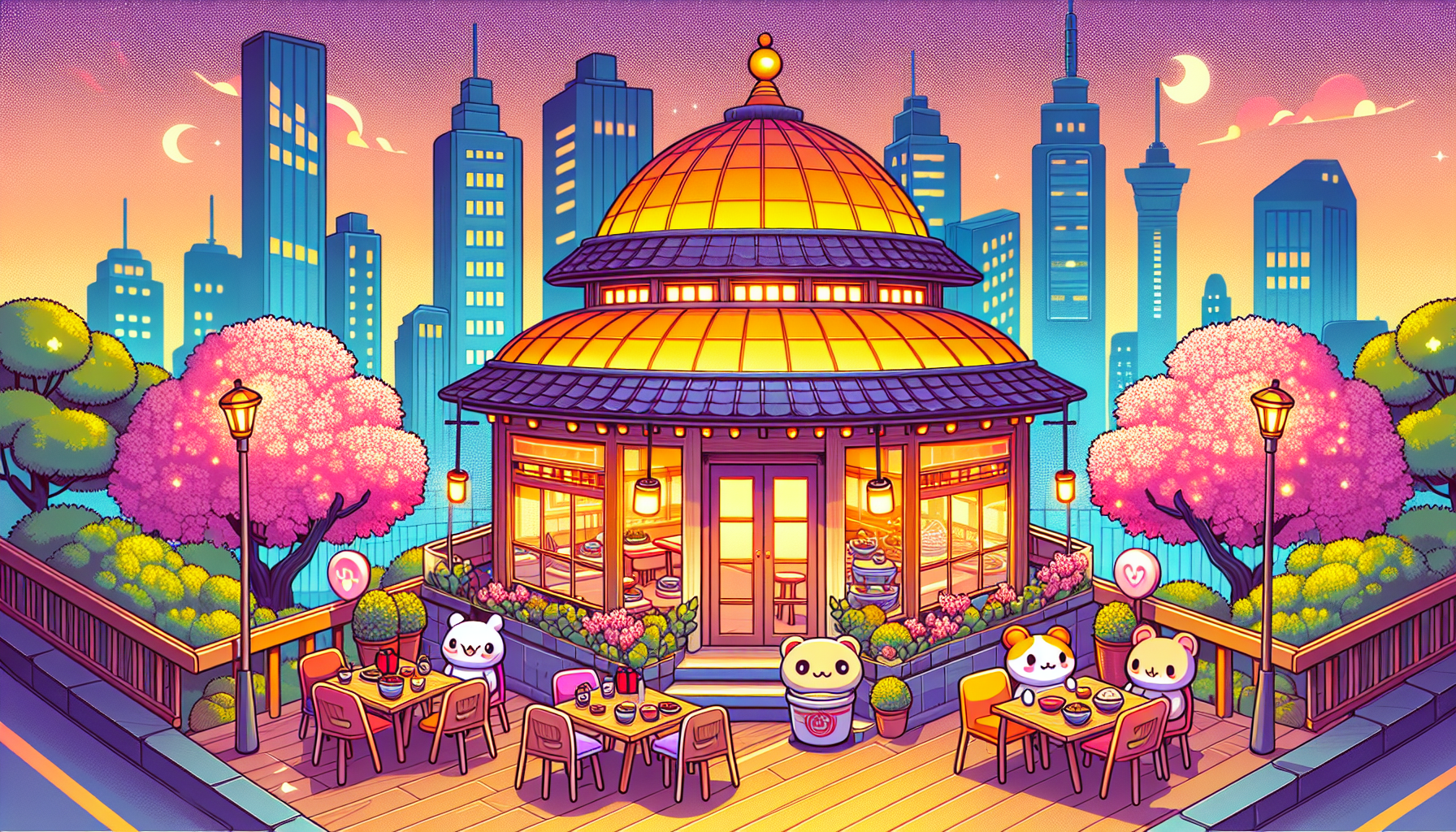 Colorful illustration of fandom-themed restaurants and anime cafes in Washington DC, DC