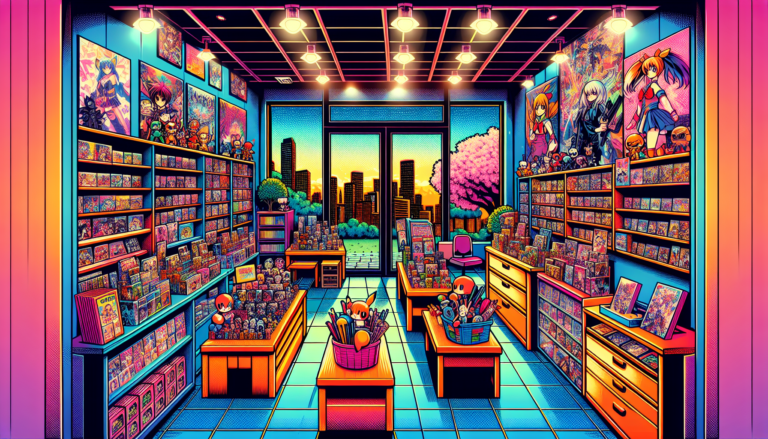 Vibrant illustration of fandom merch stores and collectible shops in Atlanta, GA