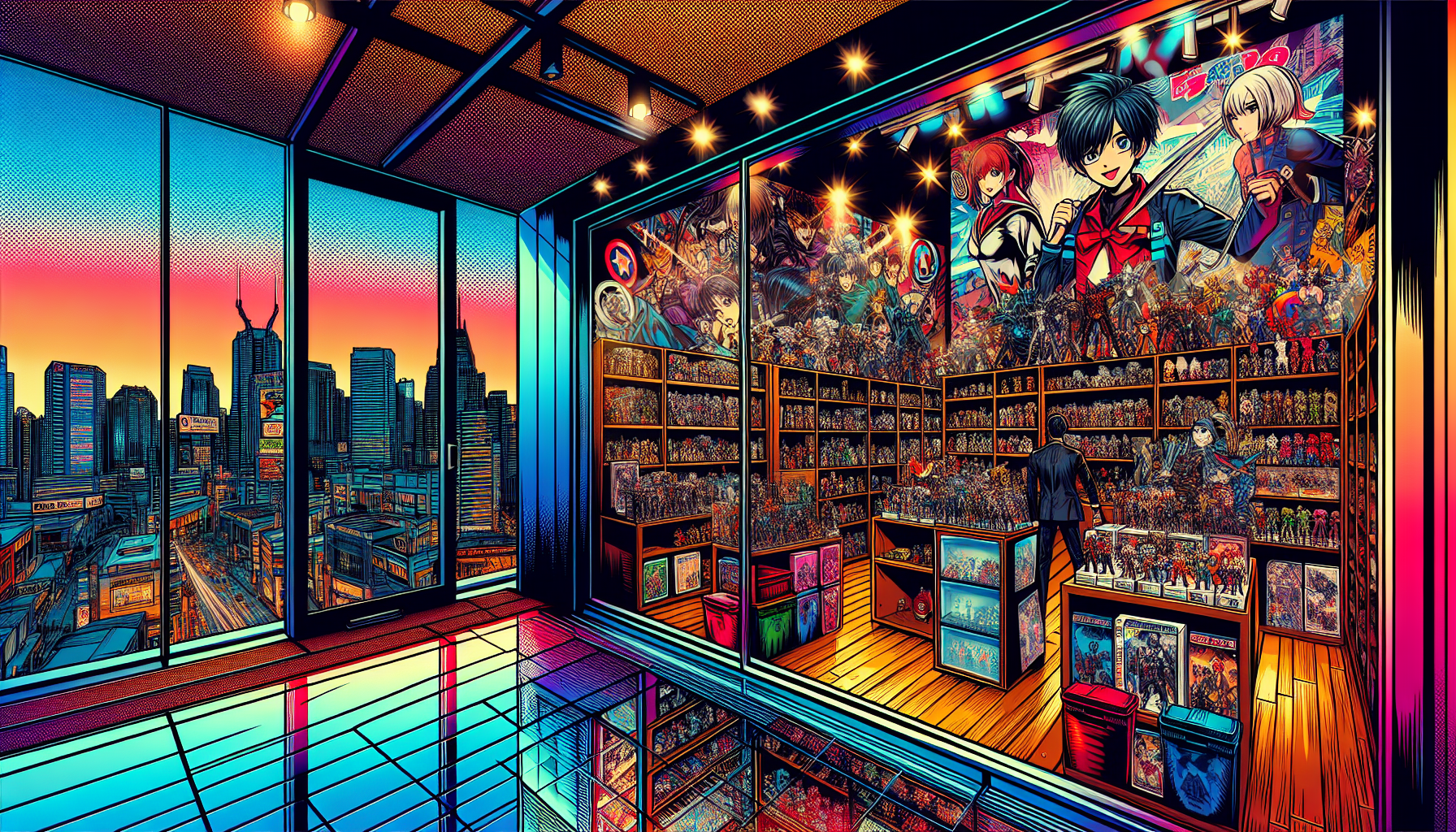 Vibrant illustration of fandom merch stores and collectible shops in Austin, TX