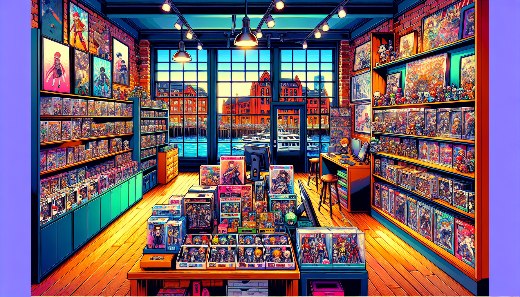 Vibrant illustration of fandom merch stores and collectible shops in Boston, MA