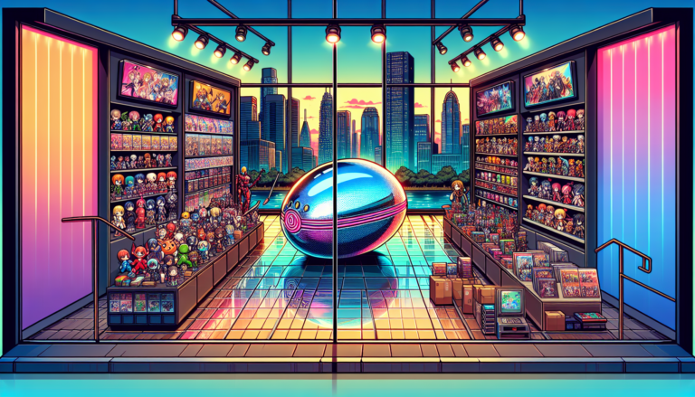 Vibrant illustration of fandom merch stores and collectible shops in Chicago, CA