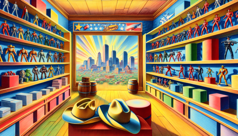 Vibrant illustration of fandom merch stores and collectible shops in Dallas, TX