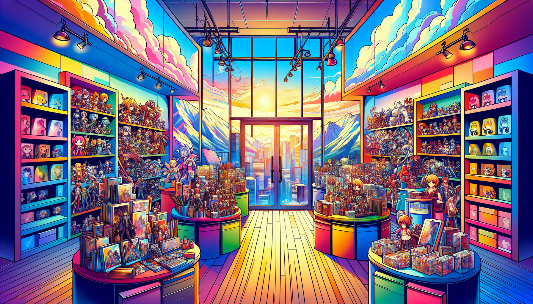 Vibrant illustration of fandom merch stores and collectible shops in Denver, CO