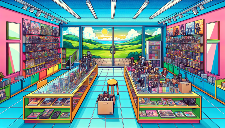 Vibrant illustration of fandom merch stores and collectible shops in Honolulu, HI