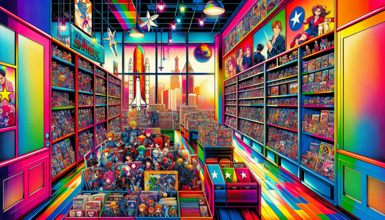 Vibrant illustration of fandom merch stores and collectible shops in Houston, TX