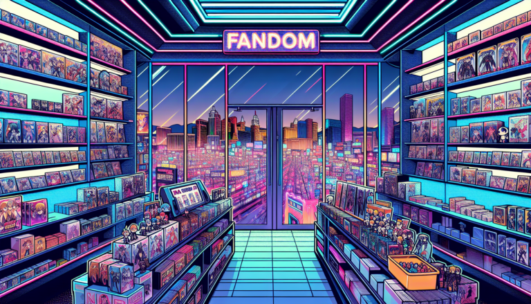 Colorful illustration of fandom merch stores and collectible shops in Las Vegas, NV with anime figures, pop culture memorabilia, and comic book displays