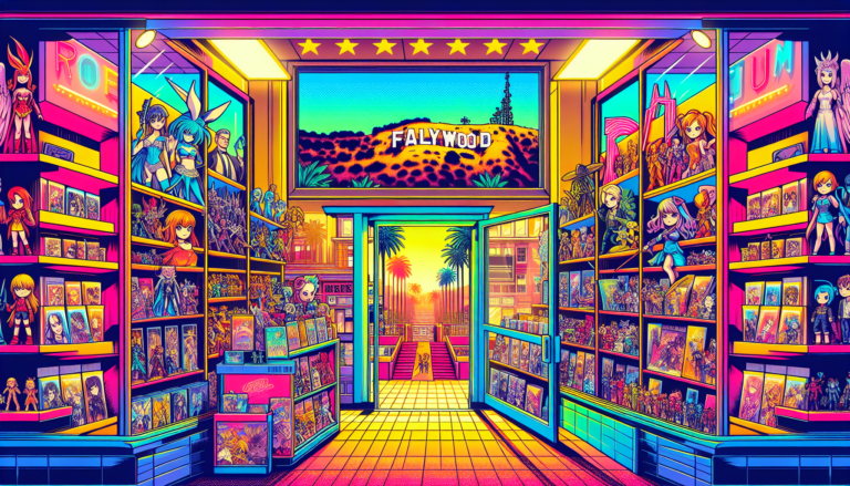 Vibrant illustration of fandom merch stores and collectible shops in Los Angeles, CA