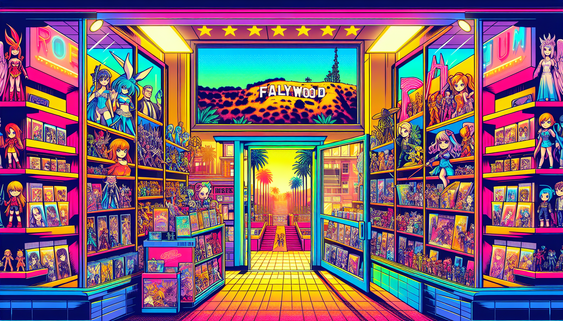 Vibrant illustration of fandom merch stores and collectible shops in Los Angeles, CA