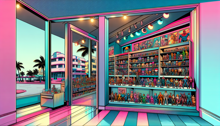 Vibrant illustration of fandom merch stores and collectible shops in Miami, FL