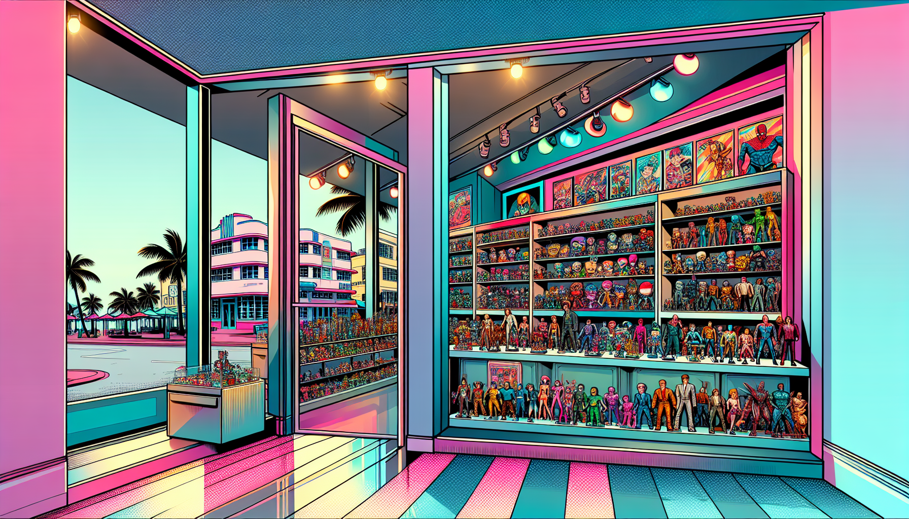 Vibrant illustration of fandom merch stores and collectible shops in Miami, FL