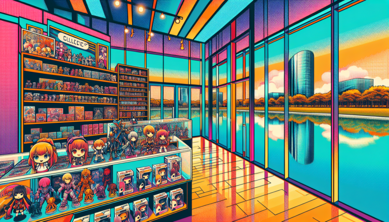 Vibrant illustration of fandom merch stores and collectible shops in Minneapolis, MN