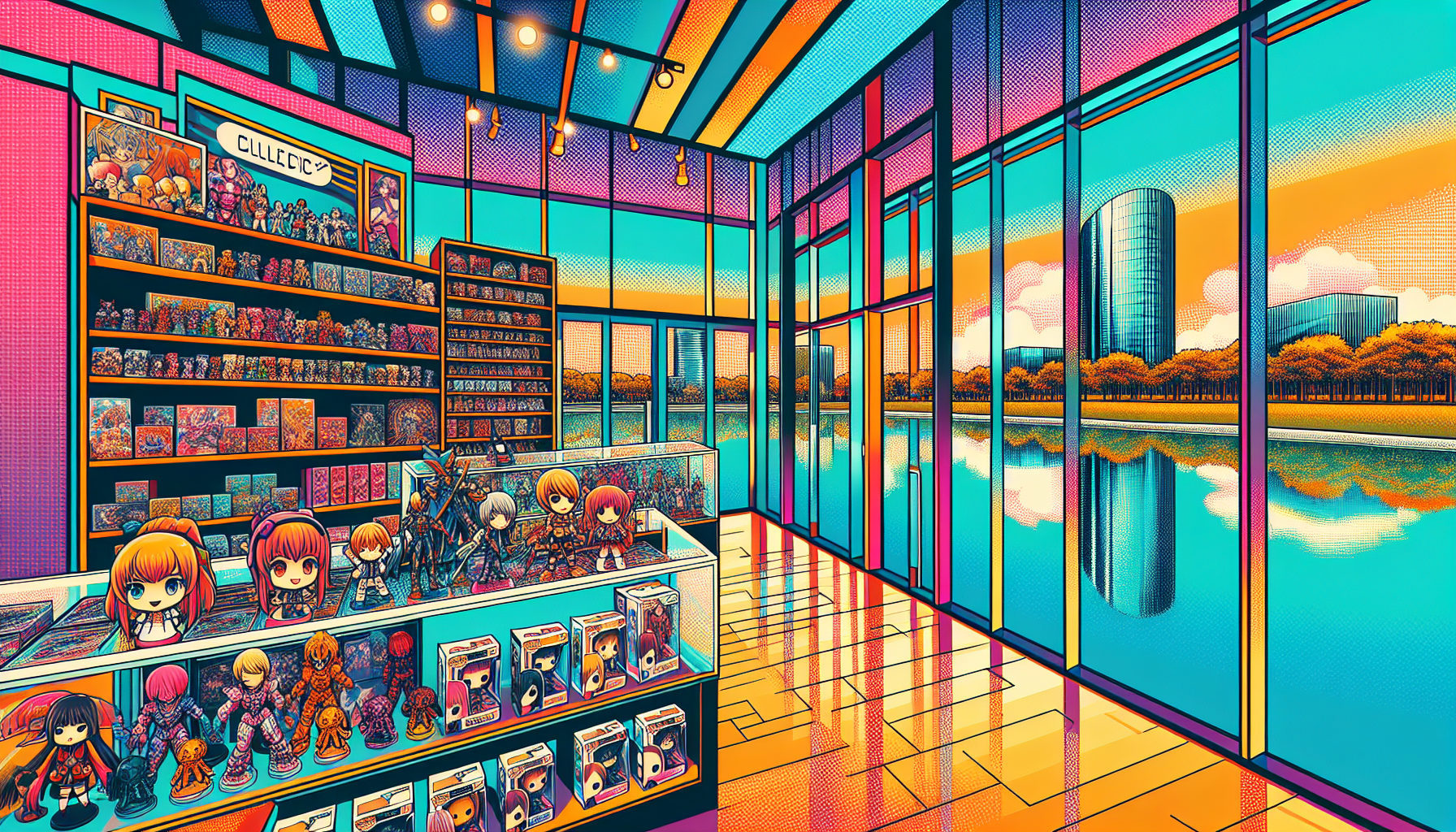 Vibrant illustration of fandom merch stores and collectible shops in Minneapolis, MN