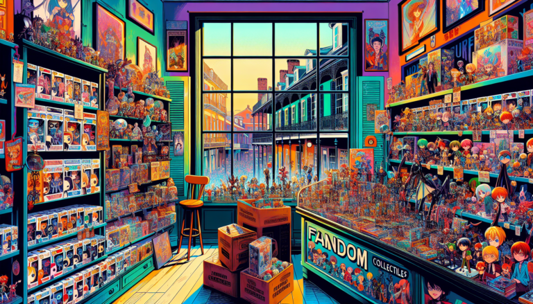 Vibrant illustration of fandom merch stores and collectible shops in New Orleans, LA