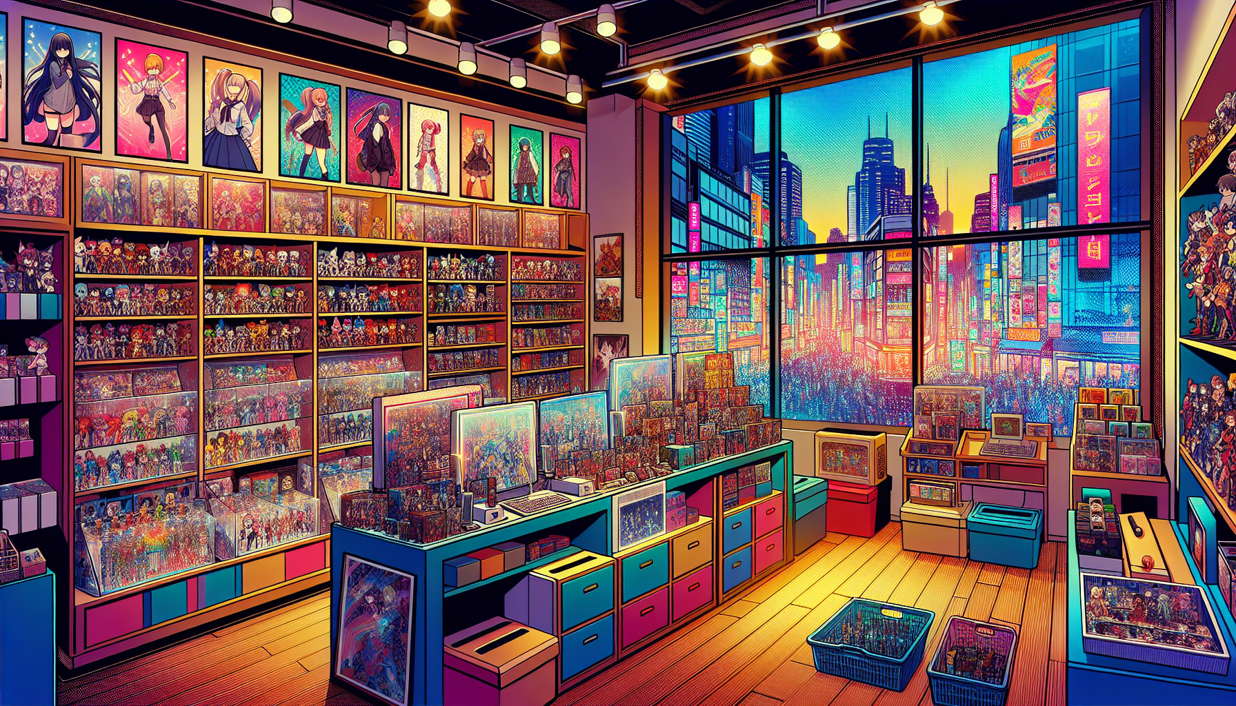 Vibrant illustration of fandom merch stores and collectible shops in New York City, NY
