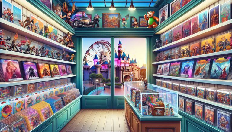 Vibrant illustration of fandom merch stores and collectible shops in Orlando, FL