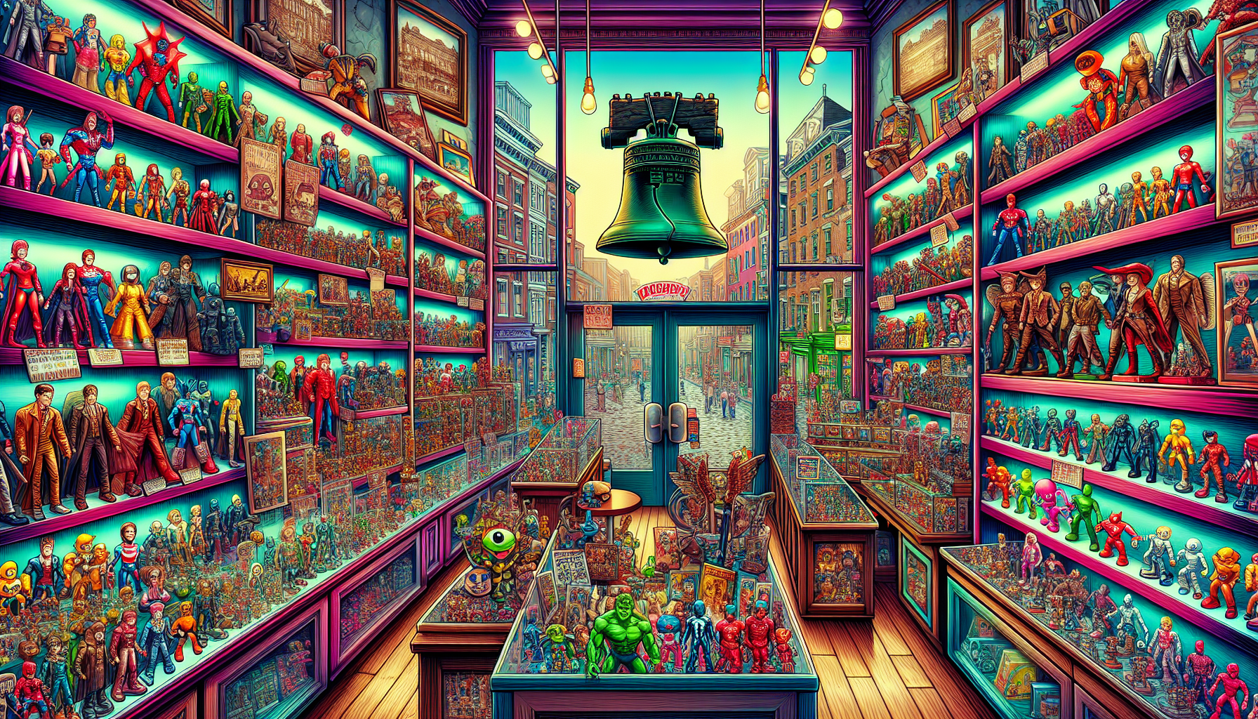 Vibrant illustration of fandom merch stores and collectible shops in Philadelphia, PA