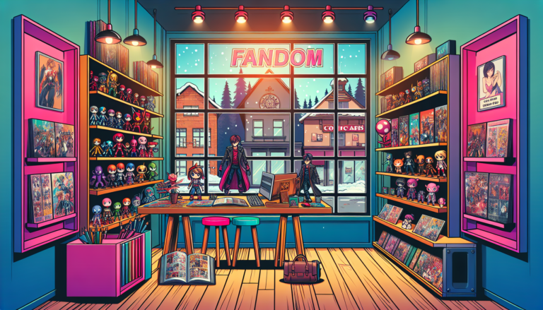 Vibrant illustration of fandom merch stores and collectible shops in Portland, OR