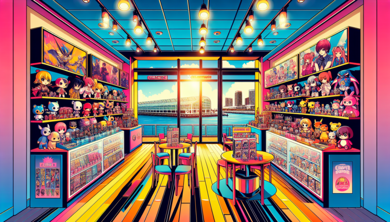Vibrant illustration of fandom merch stores and collectible shops in San Diego, CA