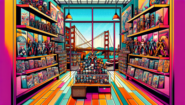Vibrant illustration of fandom merch stores and collectible shops in San Francisco, CA