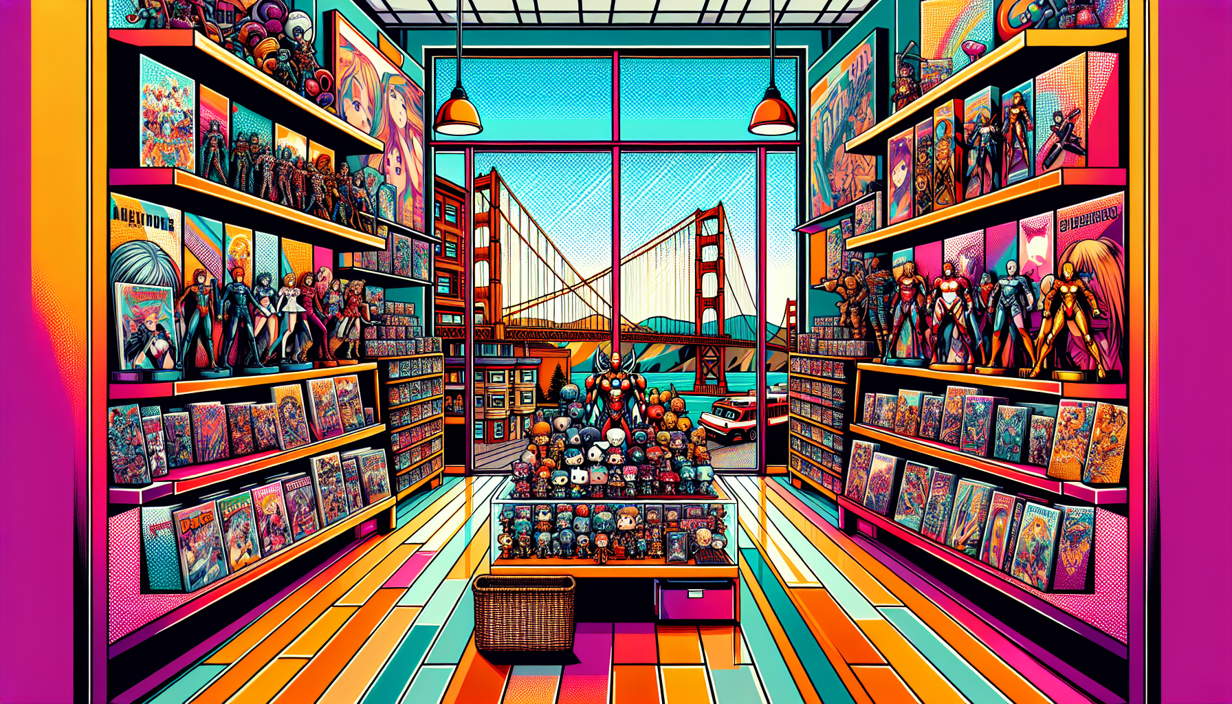 Vibrant illustration of fandom merch stores and collectible shops in San Francisco, CA