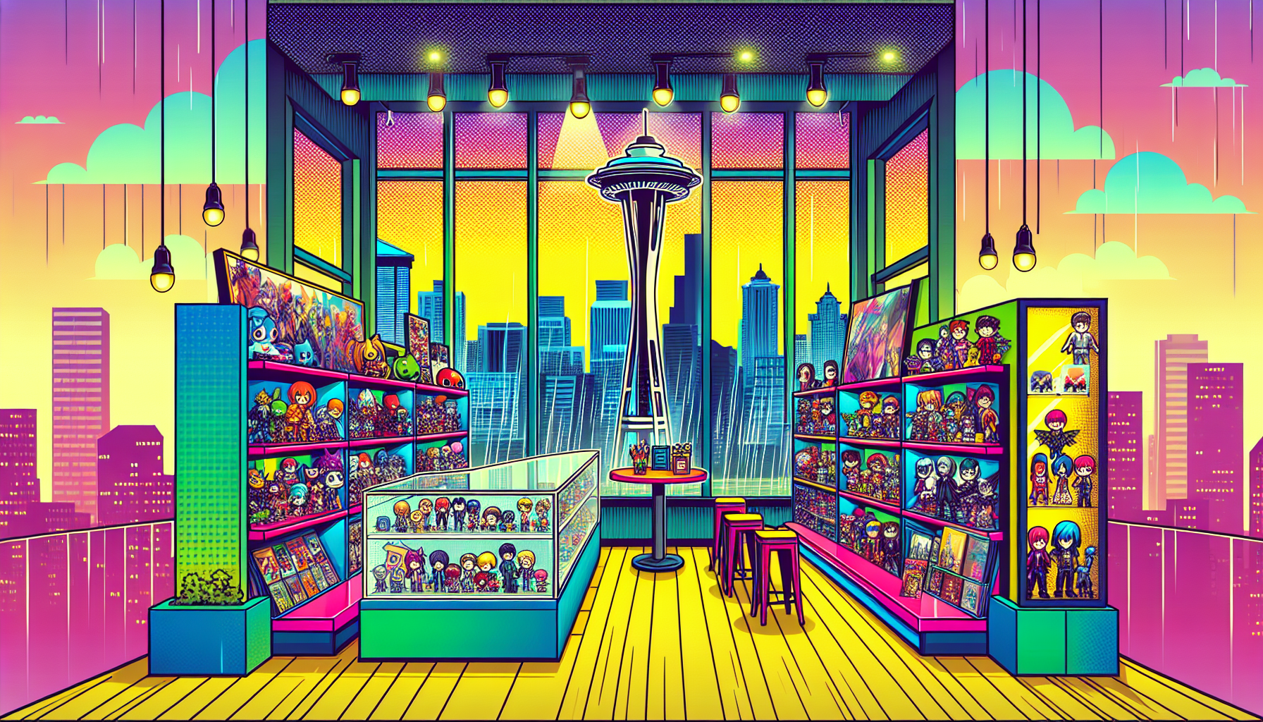 Vibrant illustration of fandom merch stores and collectible shops in Seattle, WA